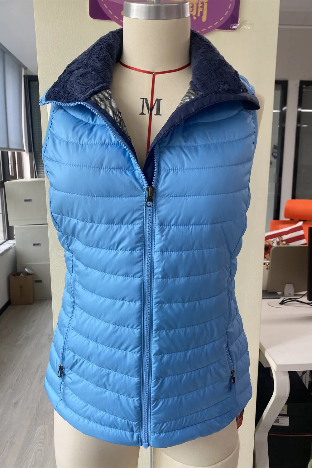 Sky Blue Plush Collared Quilted Zipped Puffer Vest