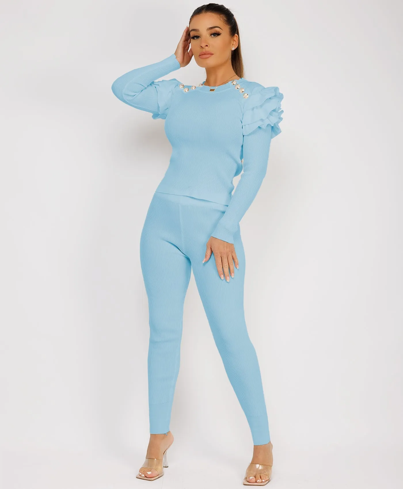 Sky Blue Ribbed Knitted Ruffle Button Loungewear Set