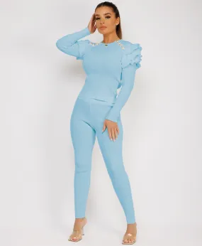 Sky Blue Ribbed Knitted Ruffle Button Loungewear Set