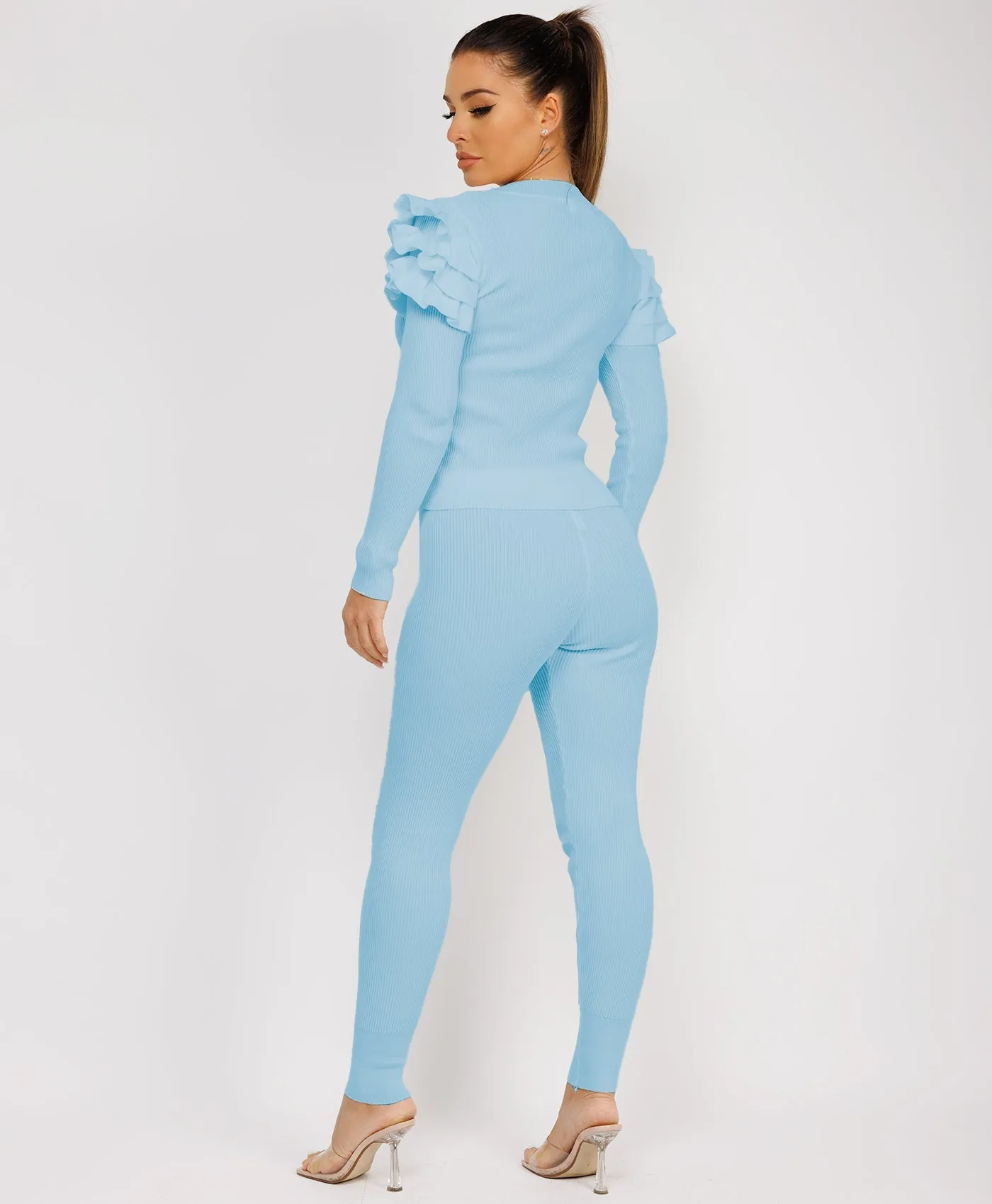 Sky Blue Ribbed Knitted Ruffle Button Loungewear Set