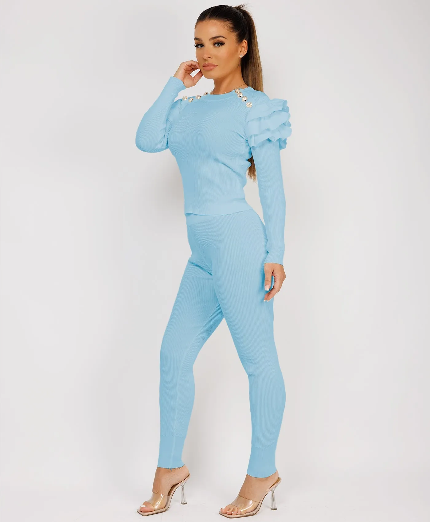 Sky Blue Ribbed Knitted Ruffle Button Loungewear Set