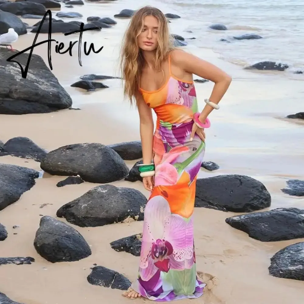 Spaghetti Strap Lily Floral Slip Dress Summer Casual Printed Maxi Dresses Backless Bodycon Slim Boho Long Sundress
