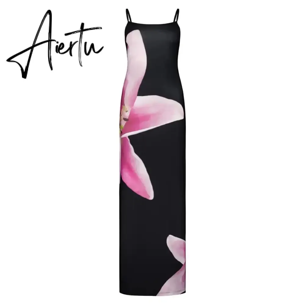 Spaghetti Strap Lily Floral Slip Dress Summer Casual Printed Maxi Dresses Backless Bodycon Slim Boho Long Sundress