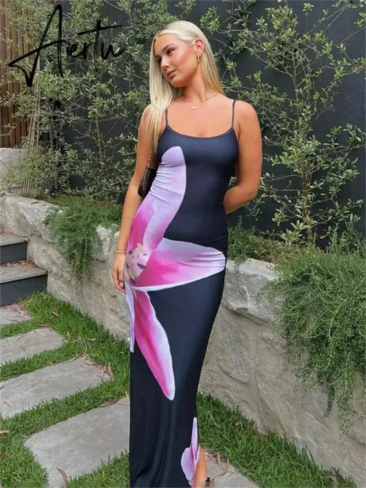 Spaghetti Strap Lily Floral Slip Dress Summer Casual Printed Maxi Dresses Backless Bodycon Slim Boho Long Sundress