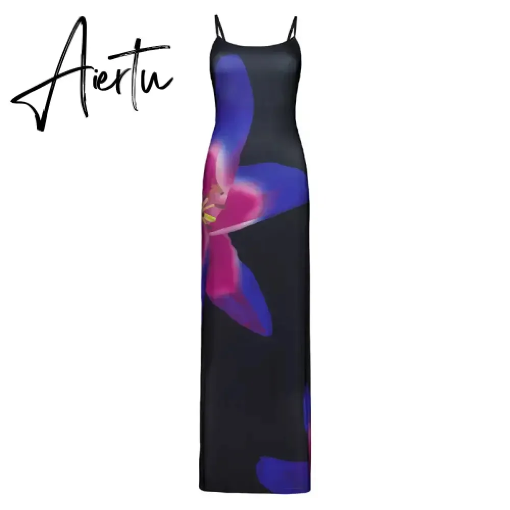 Spaghetti Strap Lily Floral Slip Dress Summer Casual Printed Maxi Dresses Backless Bodycon Slim Boho Long Sundress