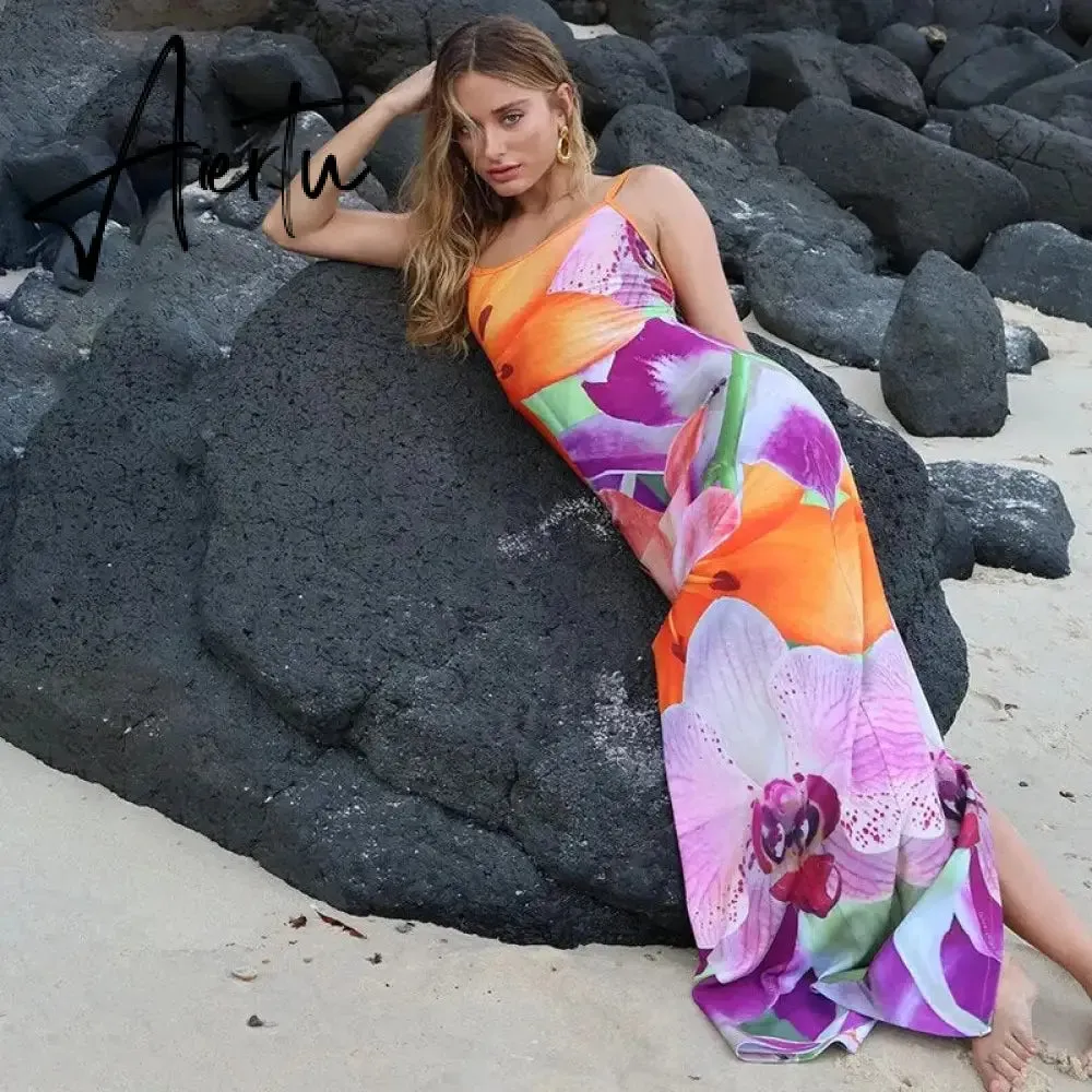 Spaghetti Strap Lily Floral Slip Dress Summer Casual Printed Maxi Dresses Backless Bodycon Slim Boho Long Sundress