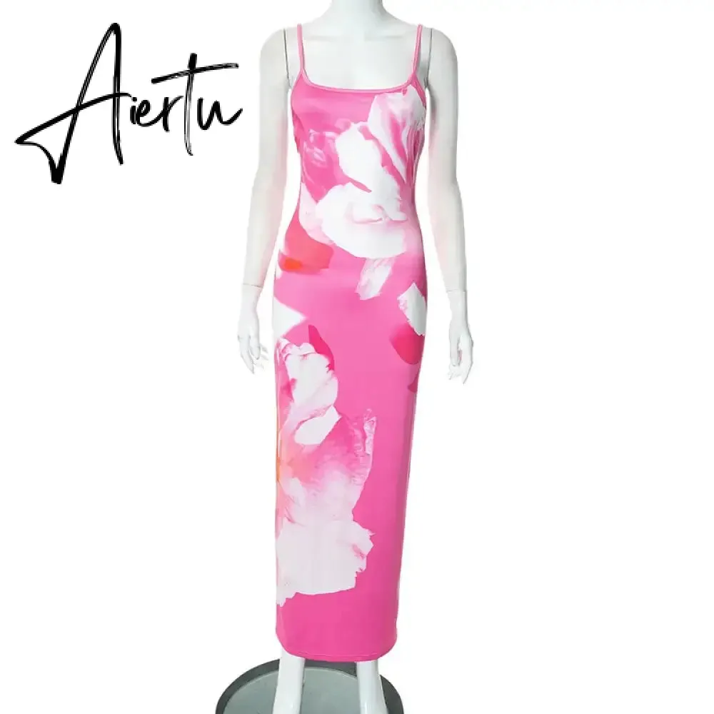 Spaghetti Strap Lily Floral Slip Dress Summer Casual Printed Maxi Dresses Backless Bodycon Slim Boho Long Sundress