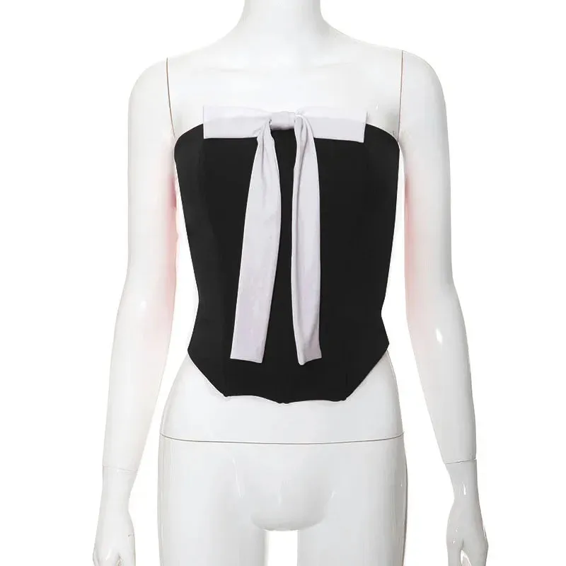 Splice Off Solid Crop Slim Backless Bow Bodycon Party Sexy Club Shoulder Top