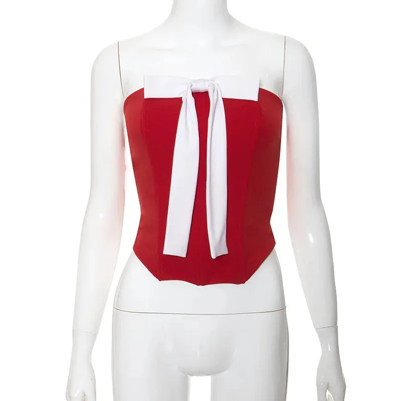 Splice Off Solid Crop Slim Backless Bow Bodycon Party Sexy Club Shoulder Top