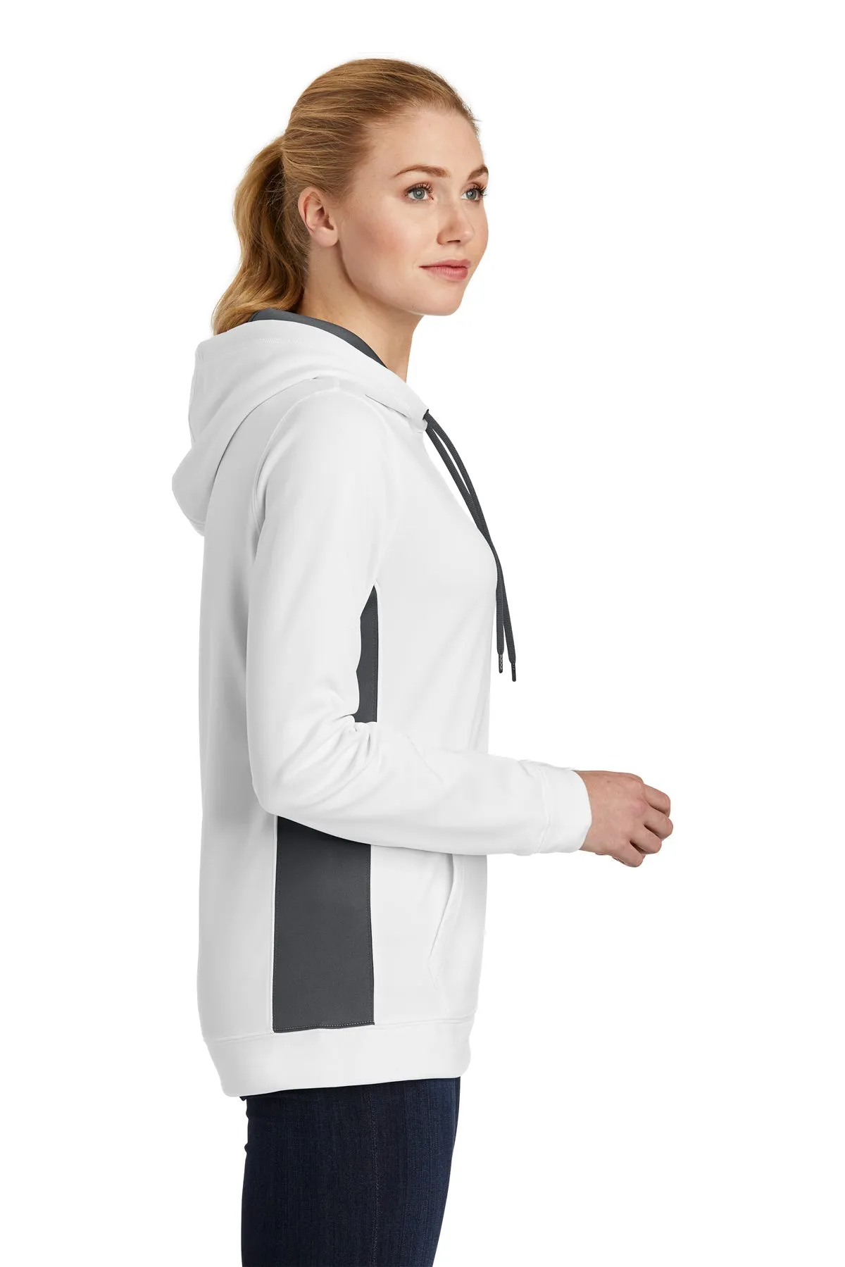 Sport-Tek Ladies Sport-Wick Fleece Colorblock Custom Hooded Pullovers, White/ Dark Smoke Grey