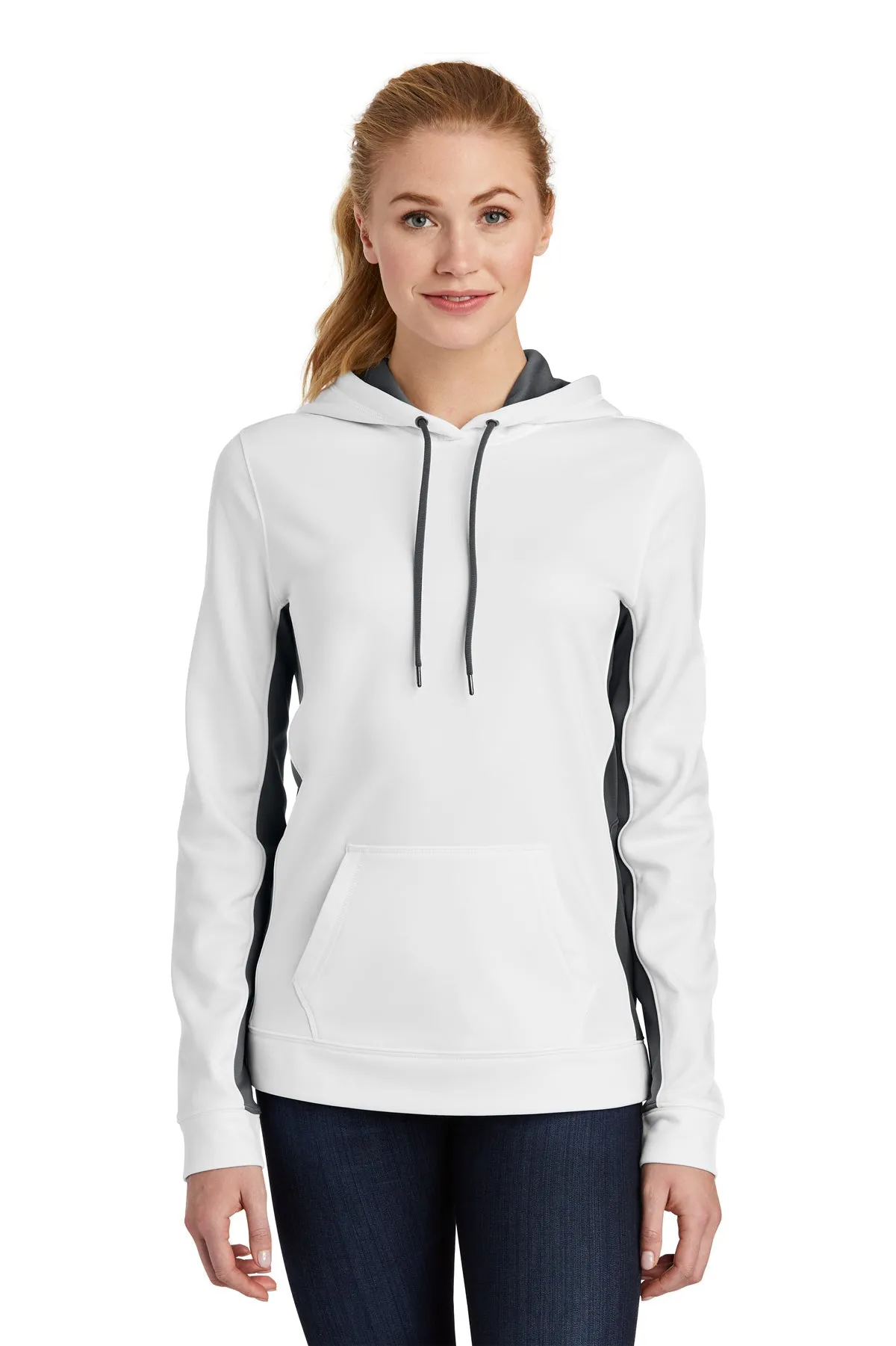 Sport-Tek Ladies Sport-Wick Fleece Colorblock Custom Hooded Pullovers, White/ Dark Smoke Grey