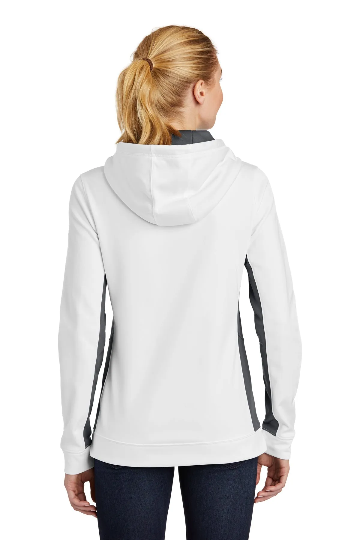 Sport-Tek Ladies Sport-Wick Fleece Colorblock Custom Hooded Pullovers, White/ Dark Smoke Grey