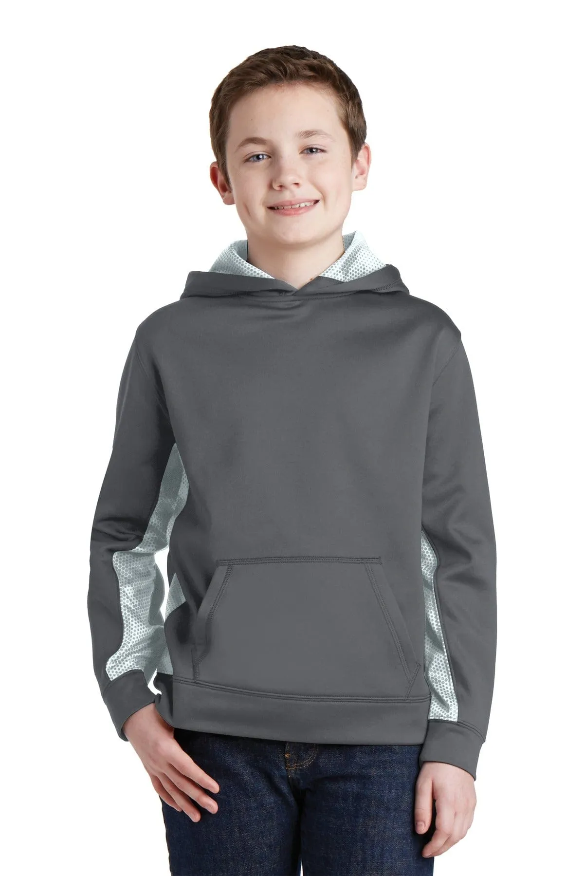 Sport-Tek YST239: Youth Sport-Wick CamoHex Fleece Colorblock Hooded Pullover
