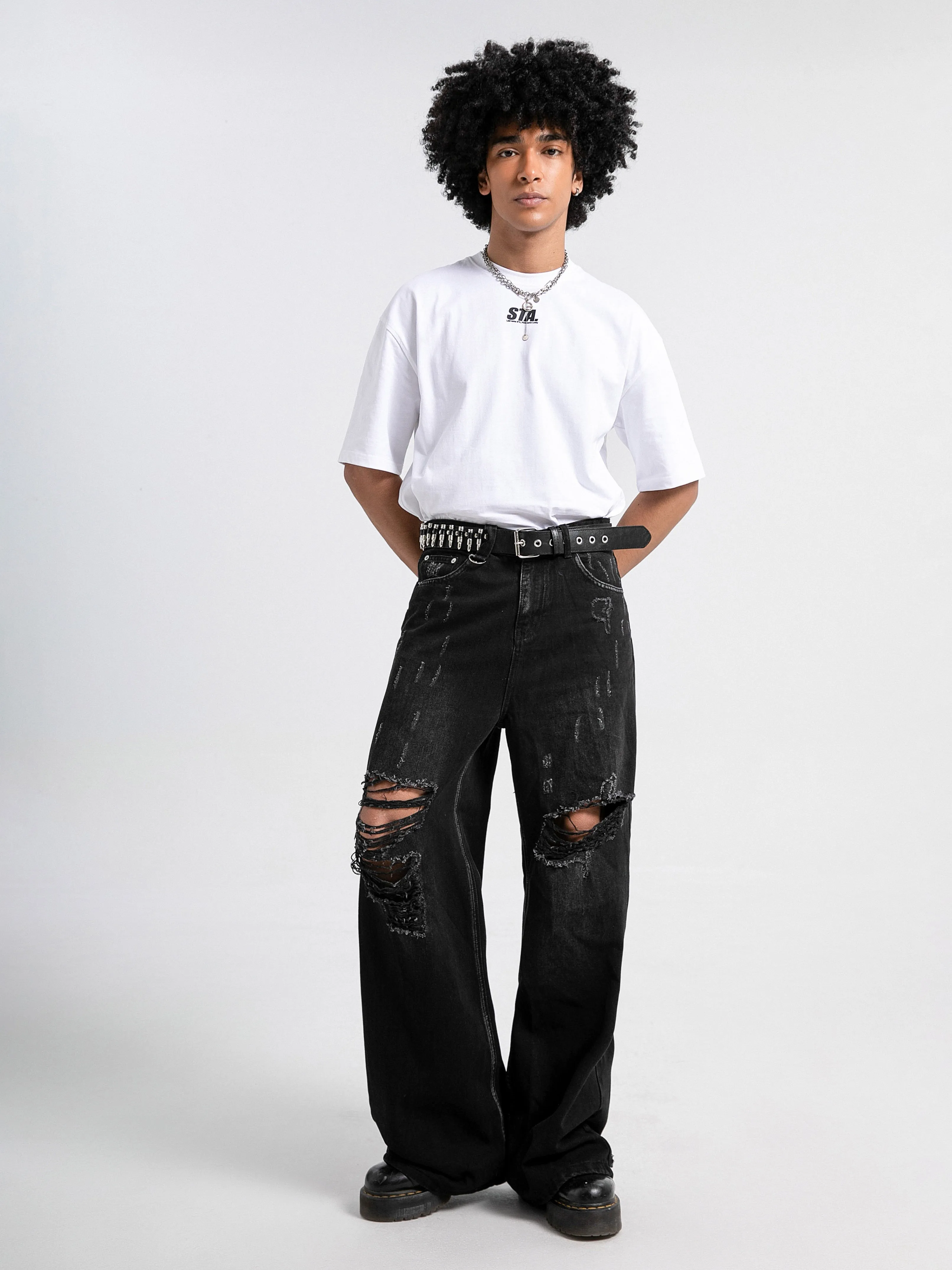 Stylish Men's Wide Leg Ripped Denim Pants - Distressed Street Style Jeans with Faded Thighs, Artificial Tears, and Heavy Fraying - Comfortable, Relaxed Fit, and Versatile for Casual Occasions