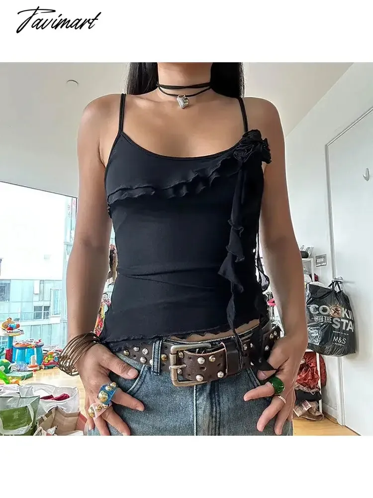 TAVIMART  -  Woman Sexy Camisole Hot Tank Tide Top Crop Clubwear Top Gyaru  Halter Patchwork Top Lace Solid Color Tight Bodycon Casual