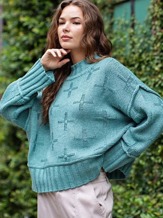 Up Your Sweater Game Oversized Knit Sweater with Cross Pattern