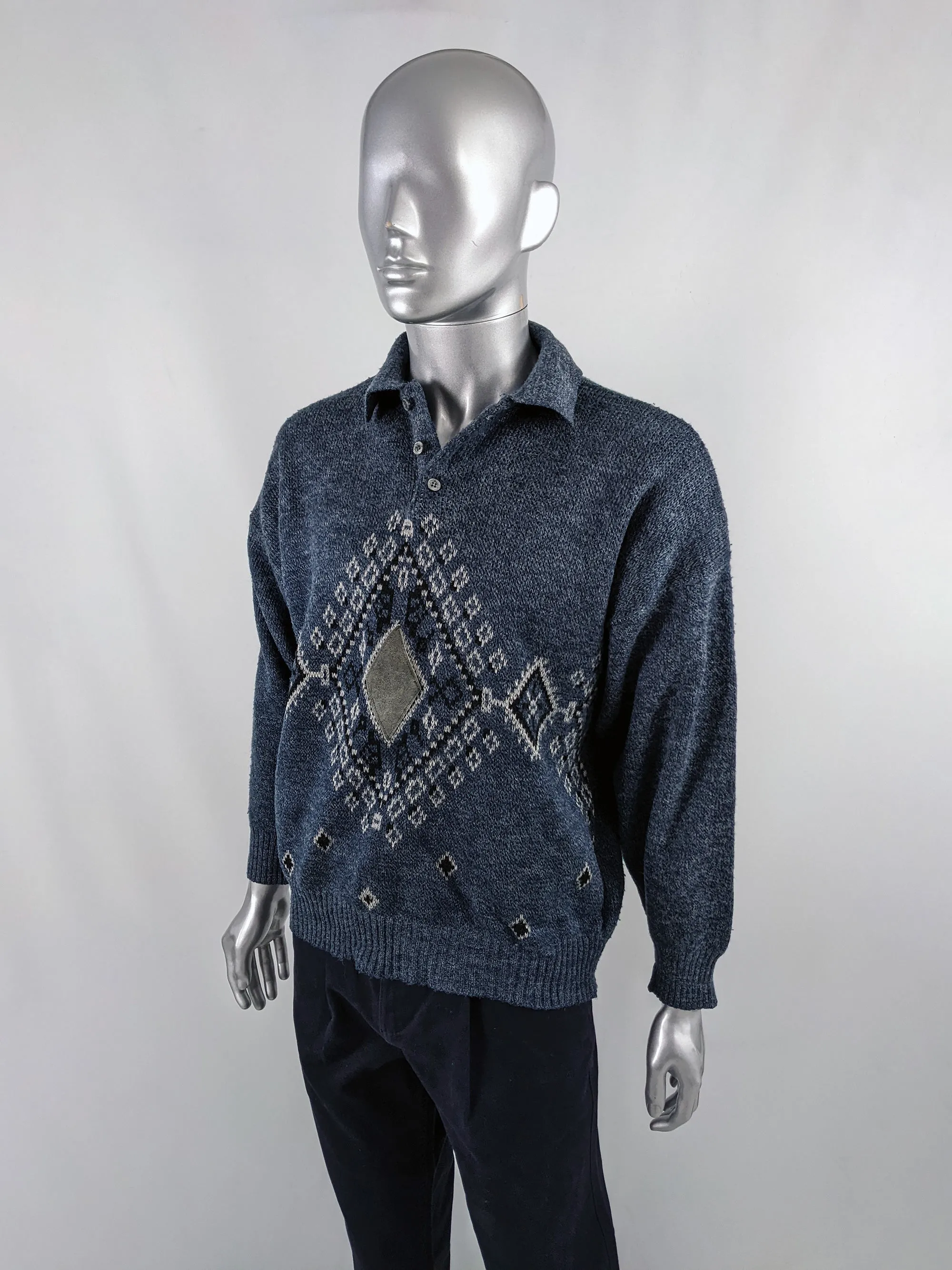 Vintage 1980s Mens Wool Blend Suede Patch Jumper