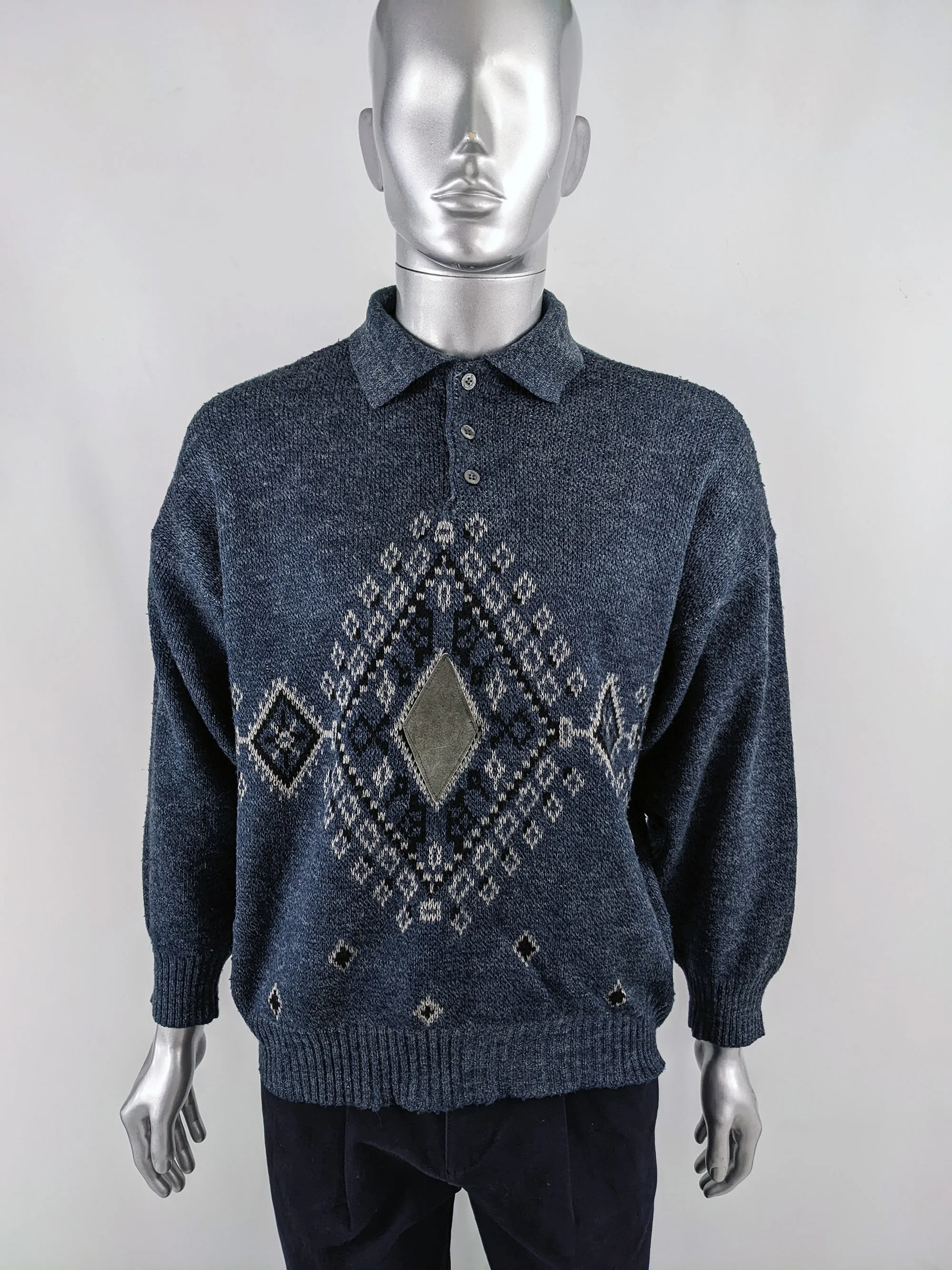Vintage 1980s Mens Wool Blend Suede Patch Jumper