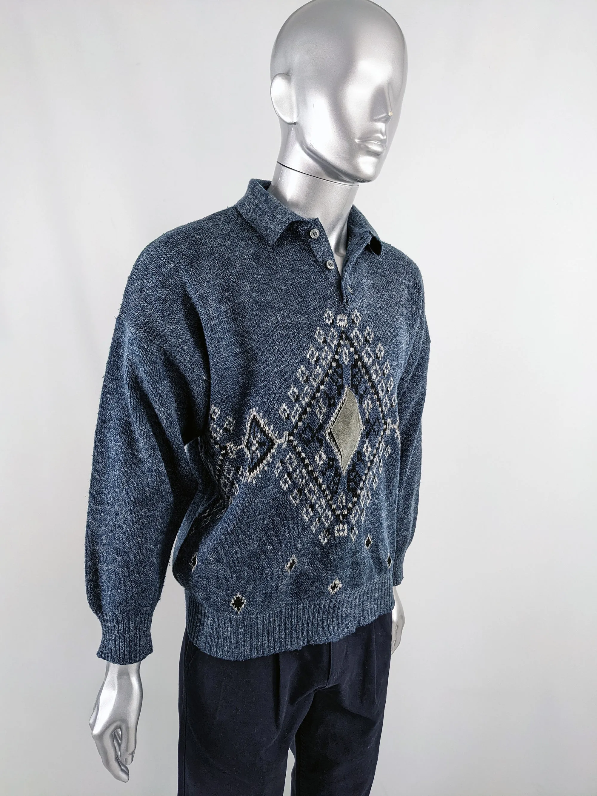 Vintage 1980s Mens Wool Blend Suede Patch Jumper