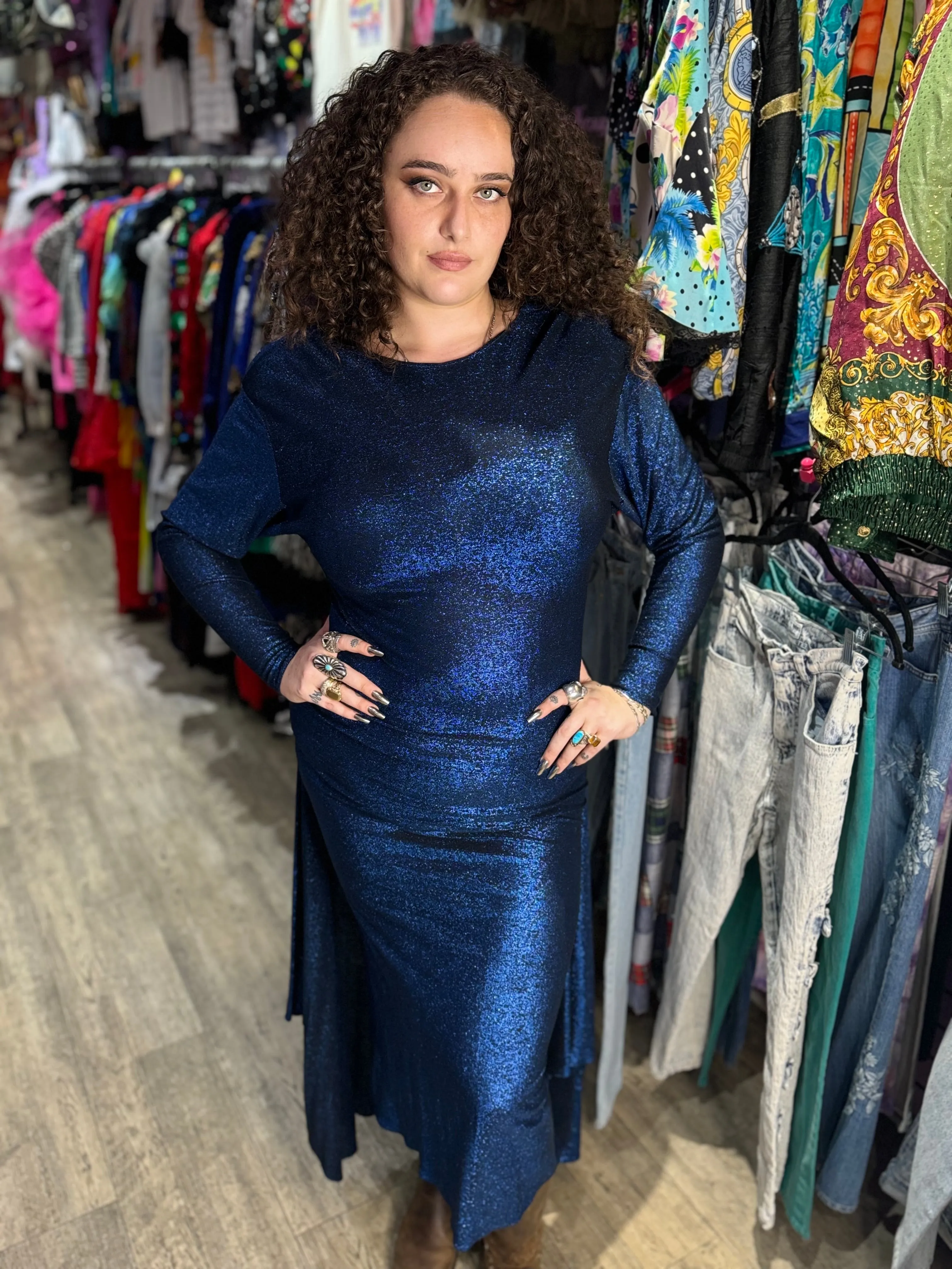 Vintage 80s Blue Metallic Draped Dress