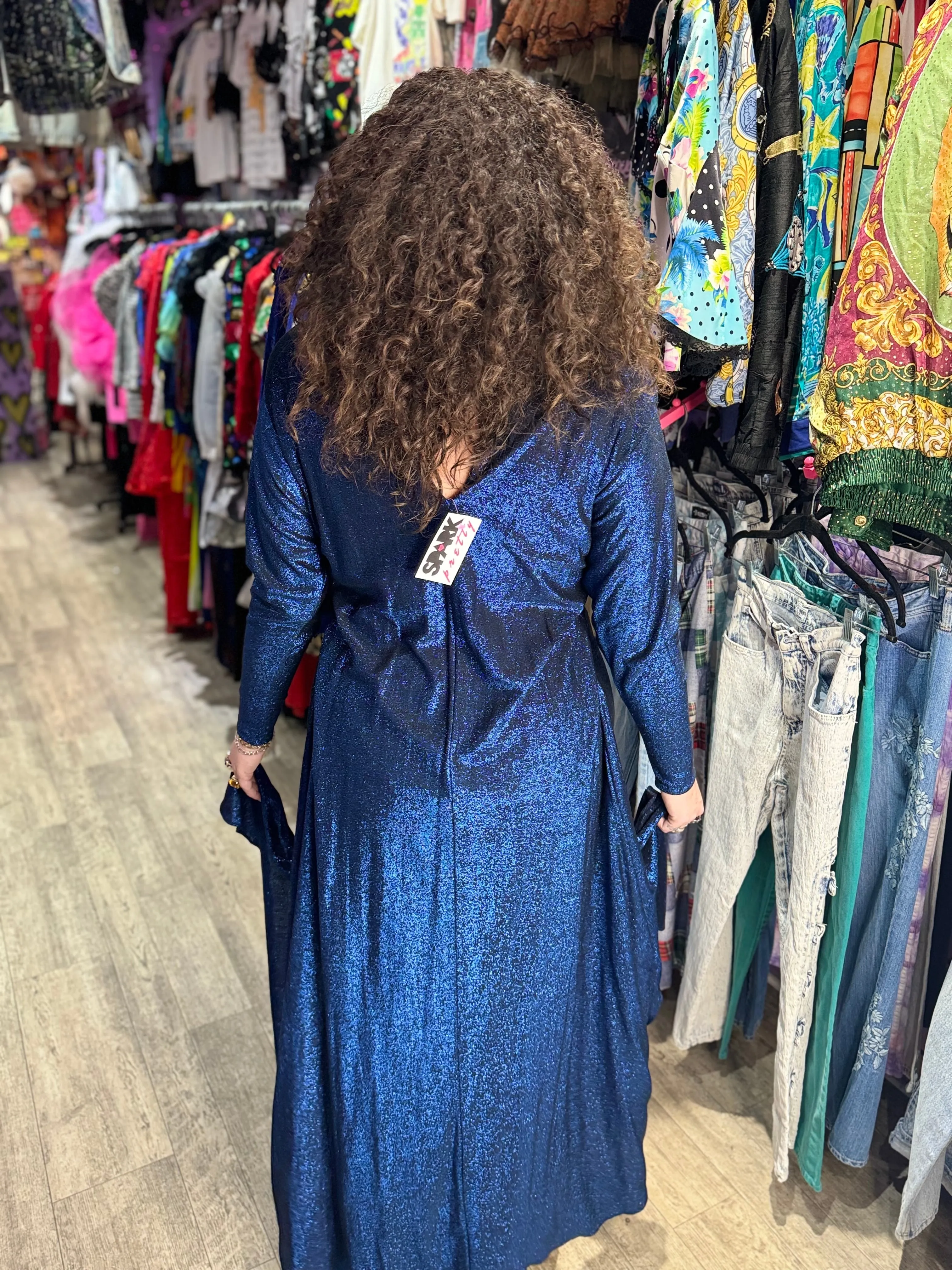 Vintage 80s Blue Metallic Draped Dress