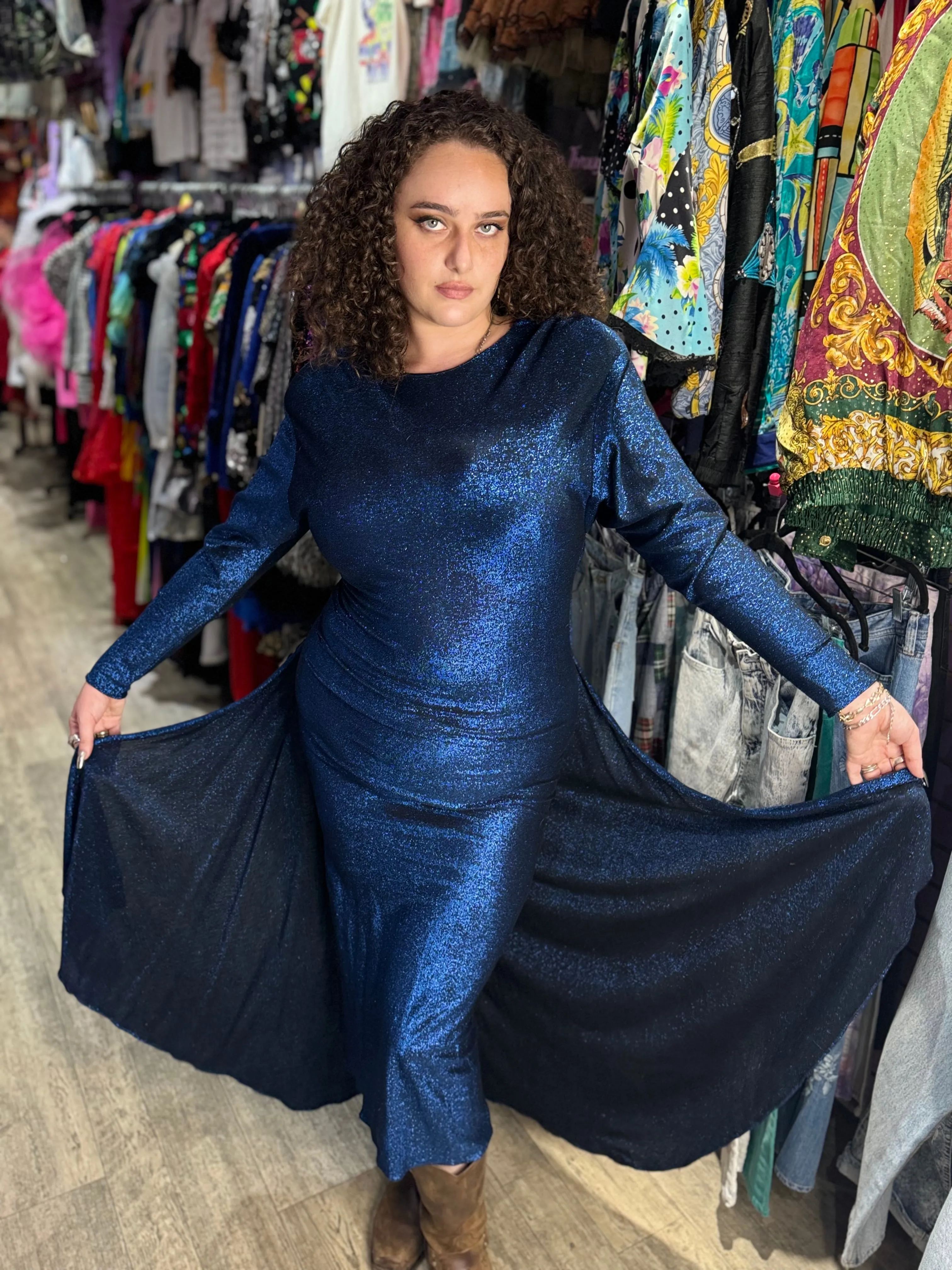 Vintage 80s Blue Metallic Draped Dress
