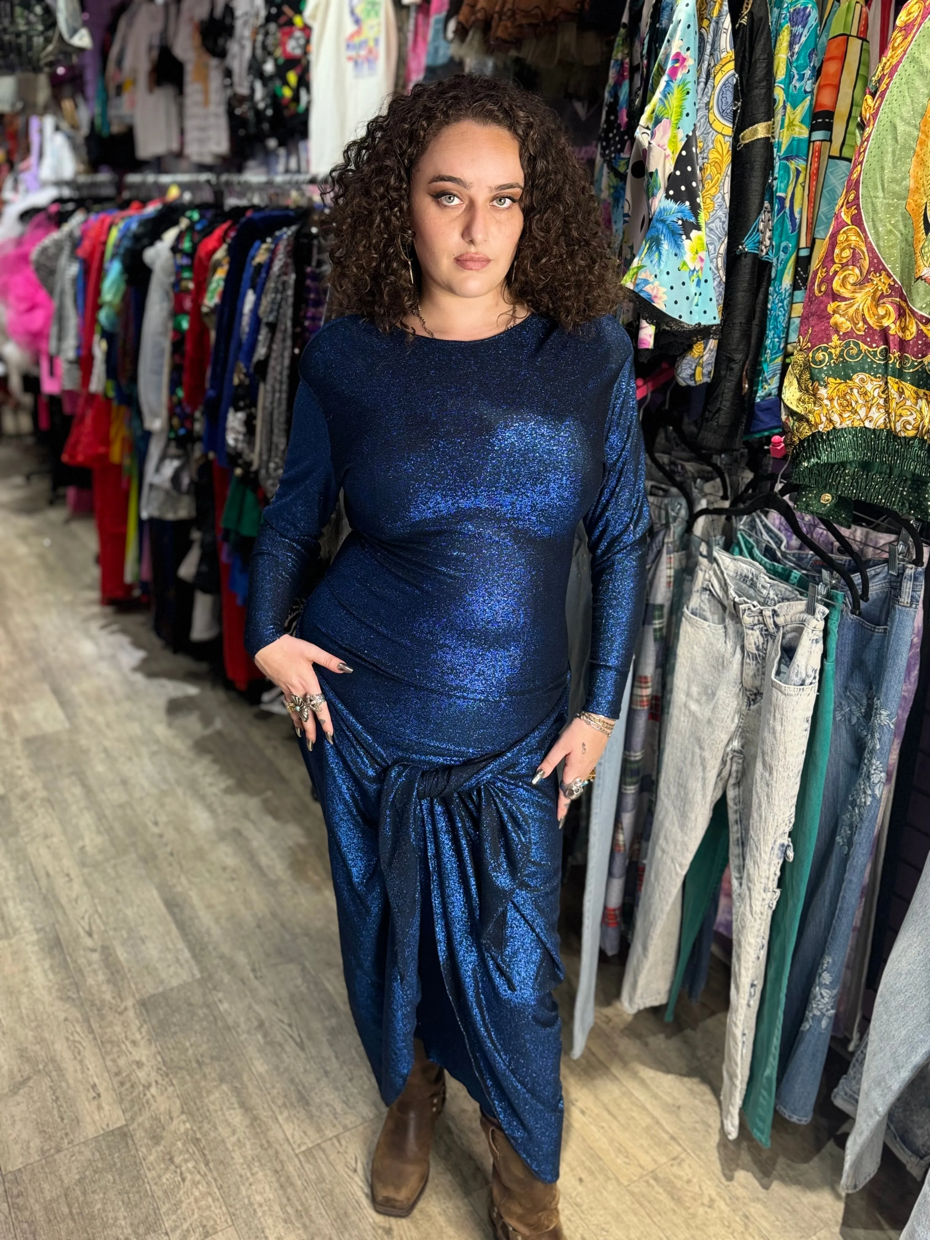Vintage 80s Blue Metallic Draped Dress