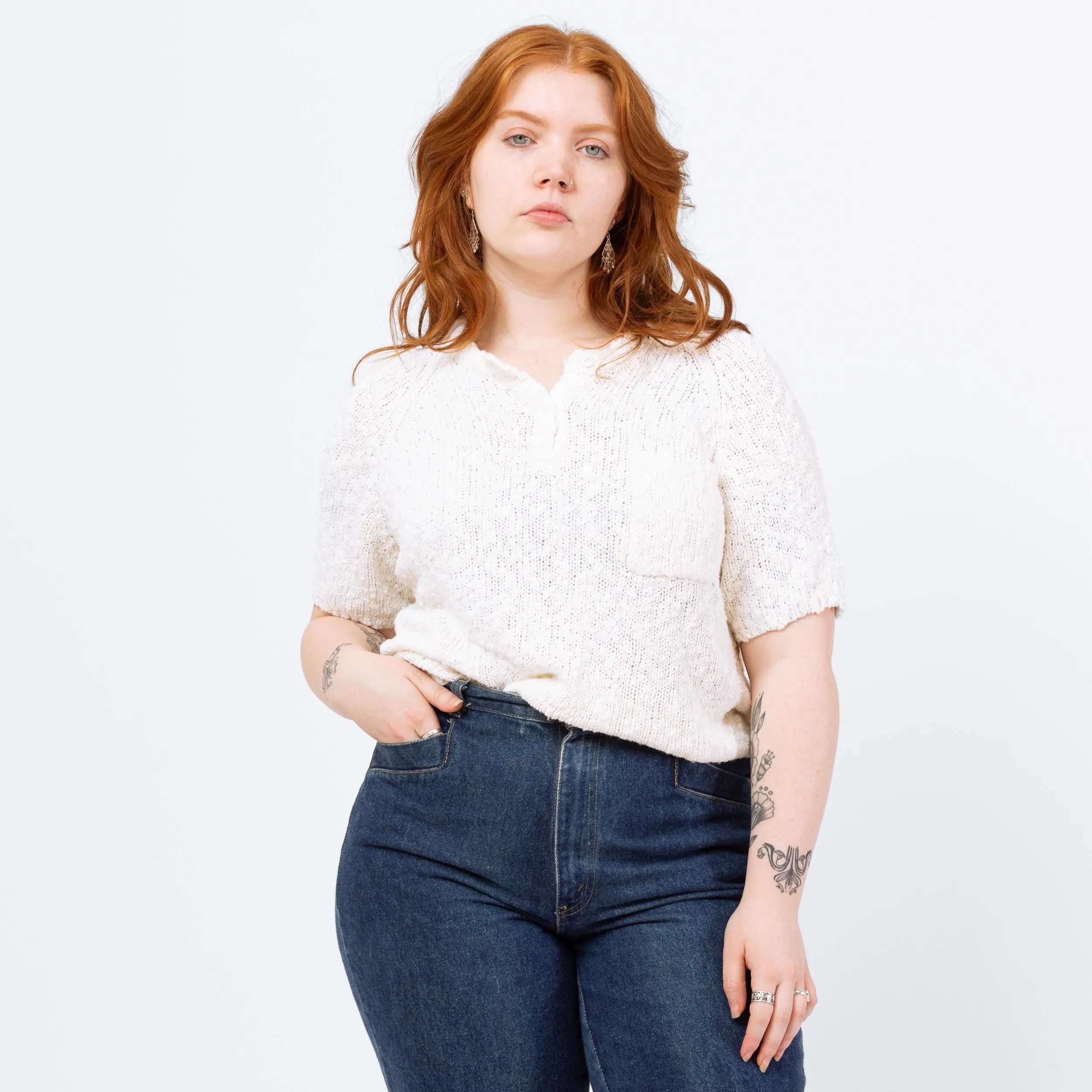 Vintage 80s White Boucle Knit Henley Top - Large