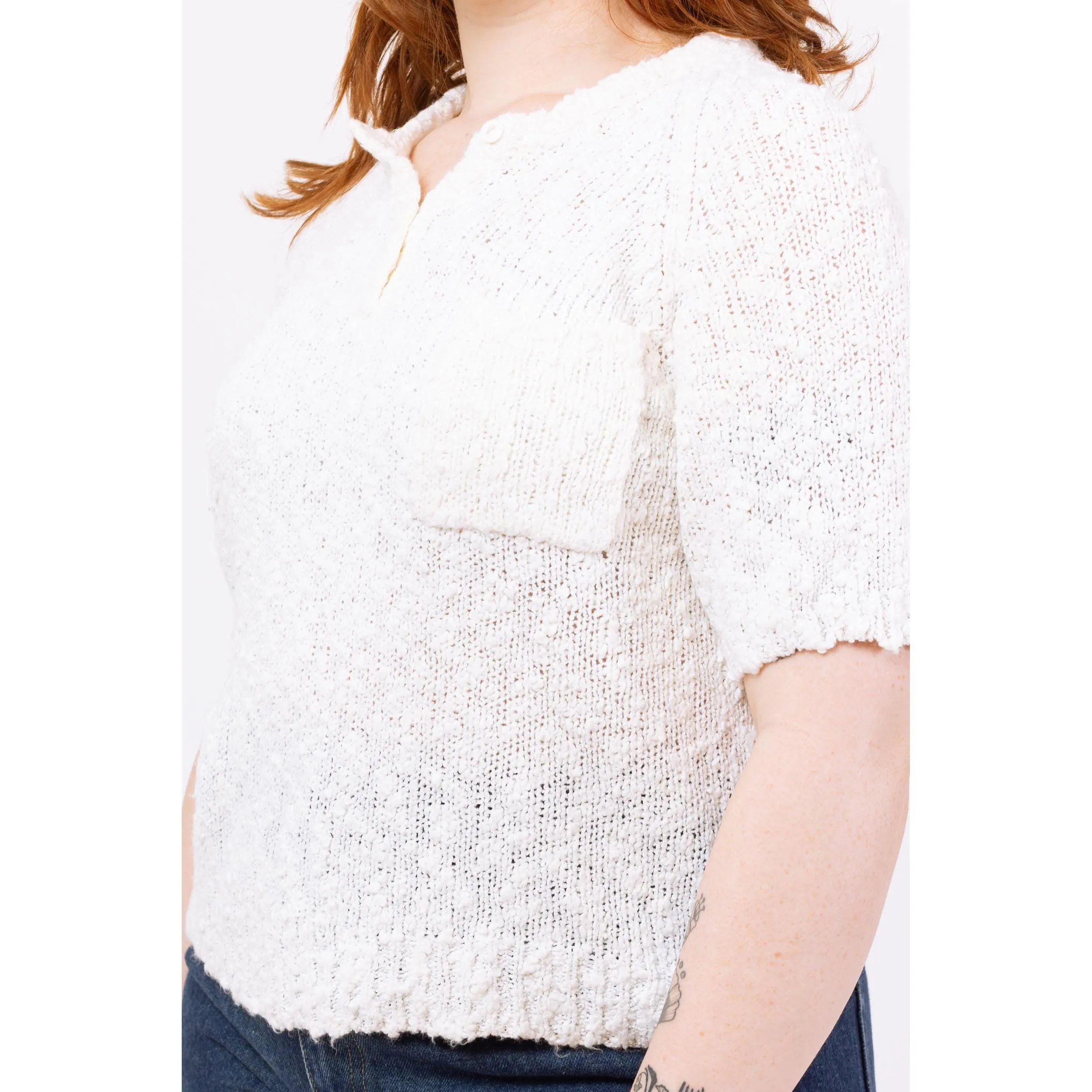 Vintage 80s White Boucle Knit Henley Top - Large