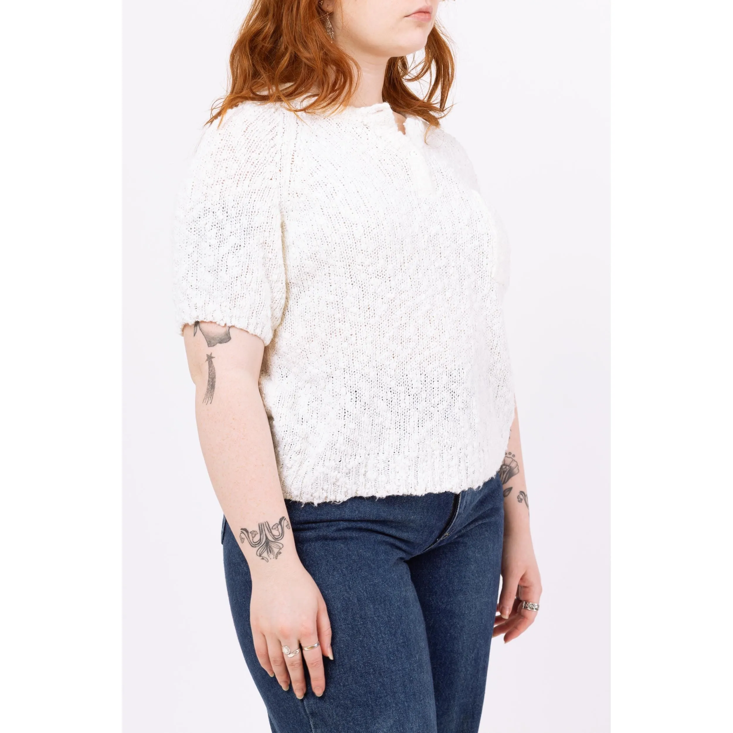 Vintage 80s White Boucle Knit Henley Top - Large