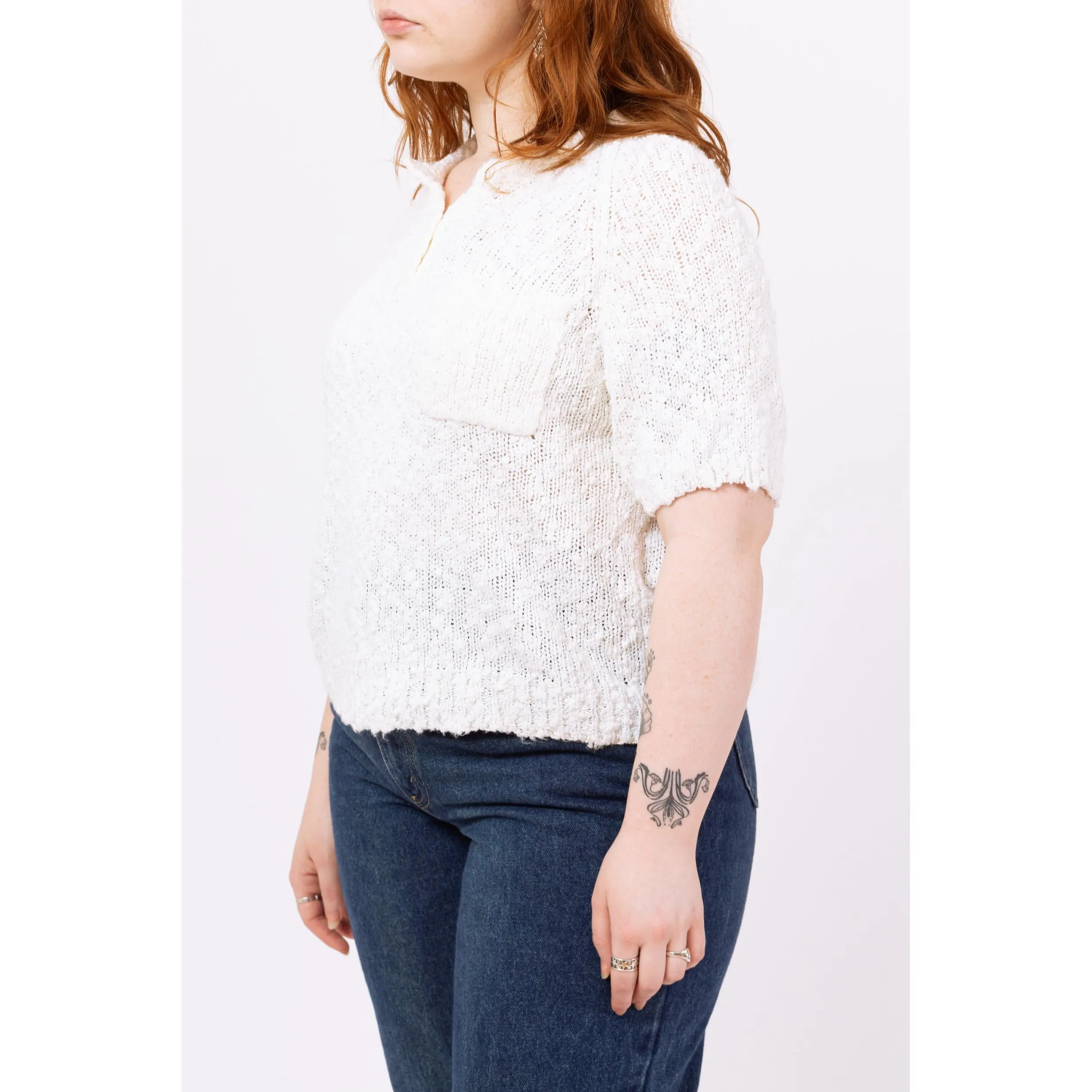 Vintage 80s White Boucle Knit Henley Top - Large