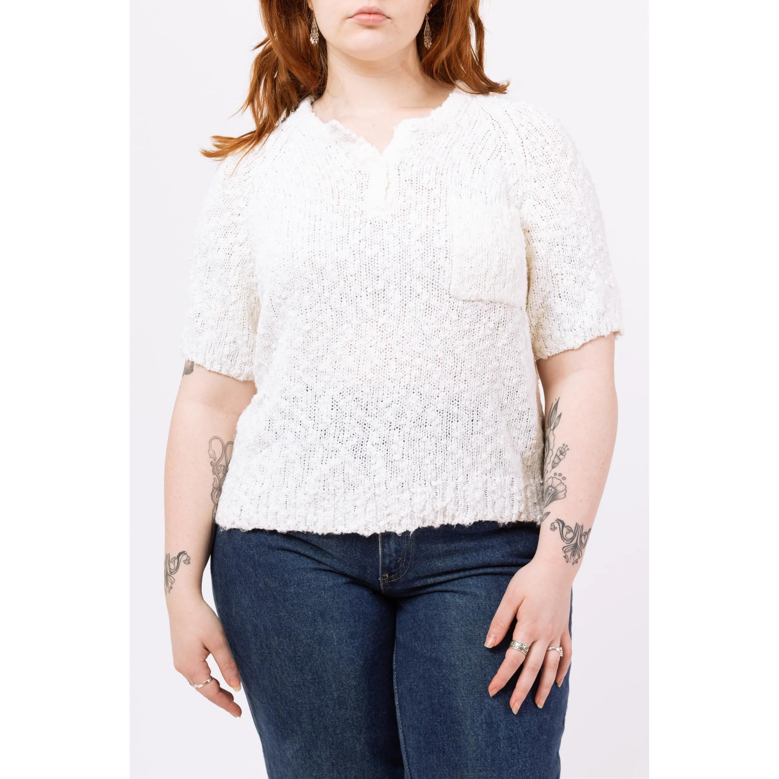 Vintage 80s White Boucle Knit Henley Top - Large