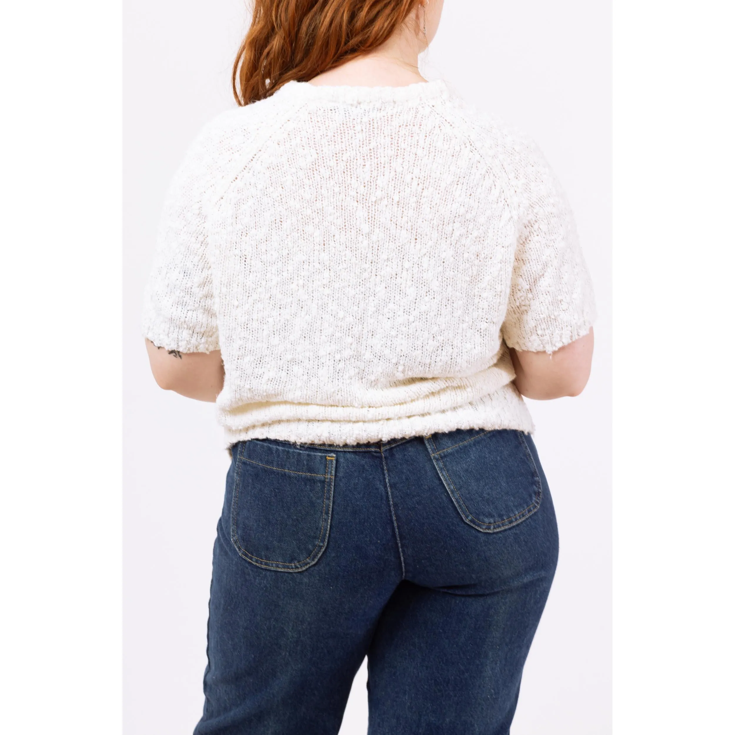 Vintage 80s White Boucle Knit Henley Top - Large