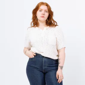 Vintage 80s White Boucle Knit Henley Top - Large