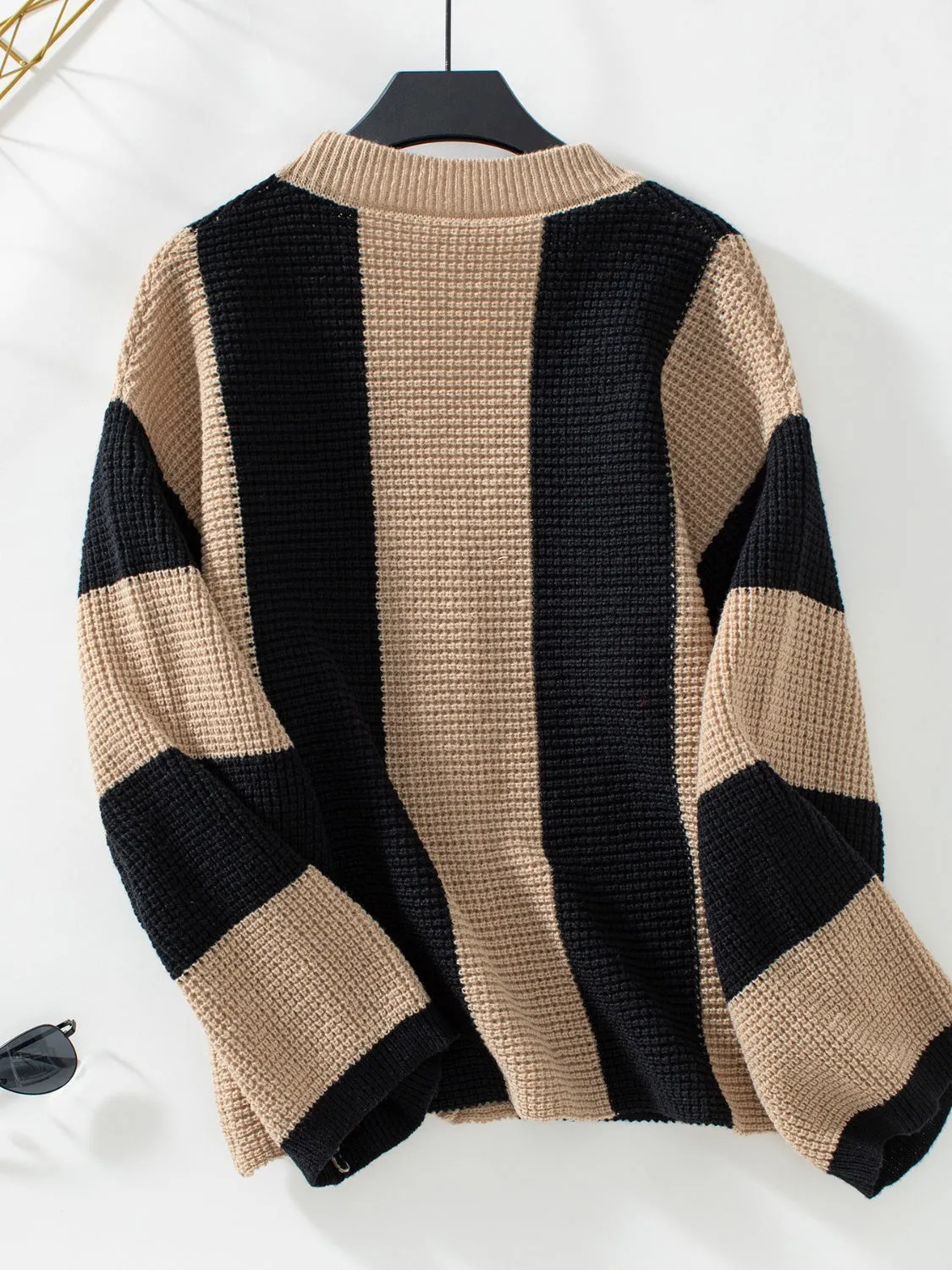 Waffle-Knit V-Neck Striped Long Sleeve Black and White Sweater Cardigan