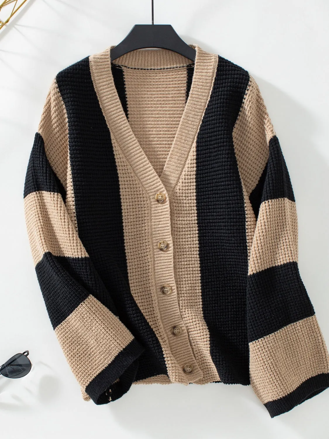 Waffle-Knit V-Neck Striped Long Sleeve Black and White Sweater Cardigan