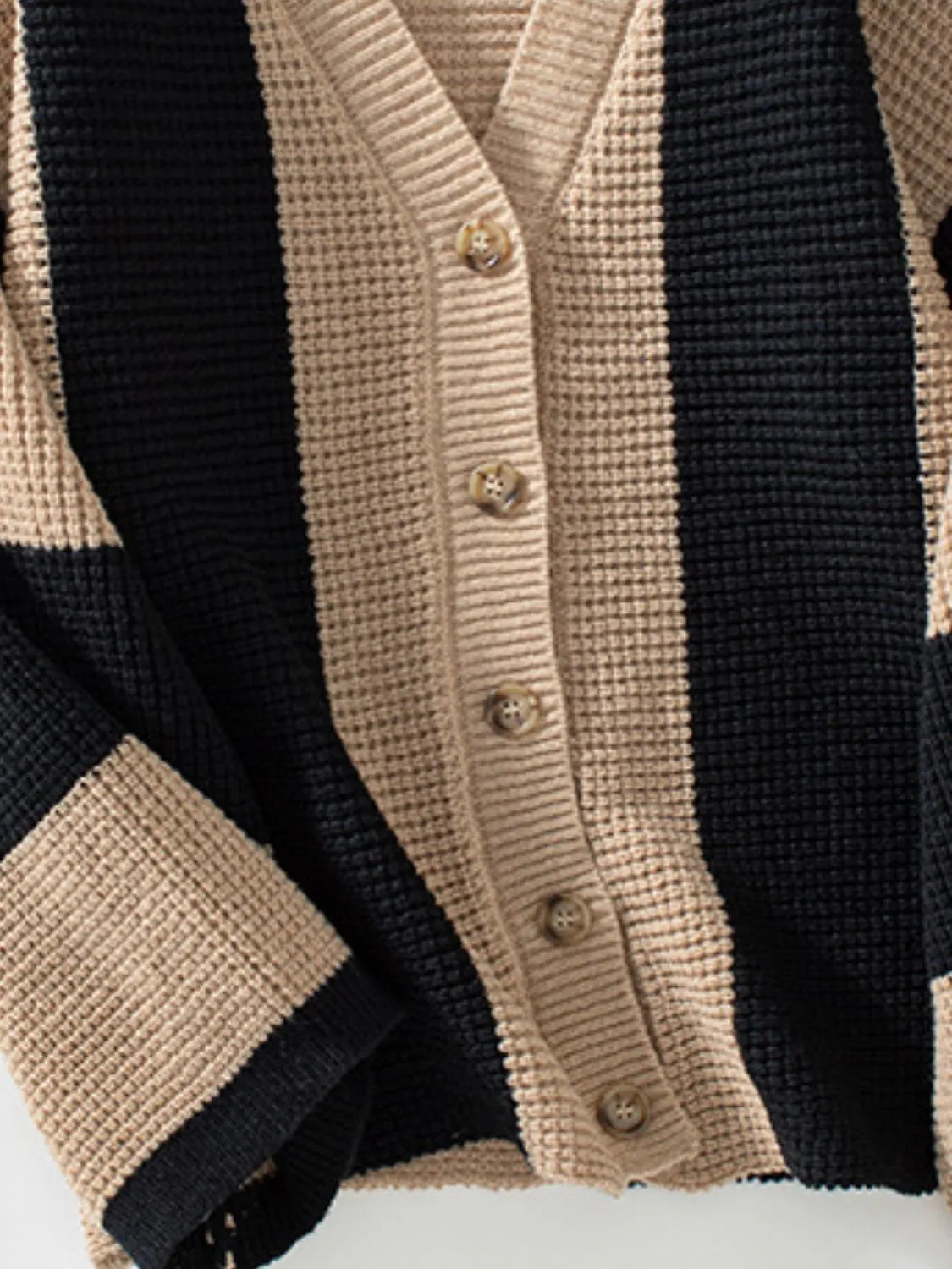 Waffle-Knit V-Neck Striped Long Sleeve Black and White Sweater Cardigan