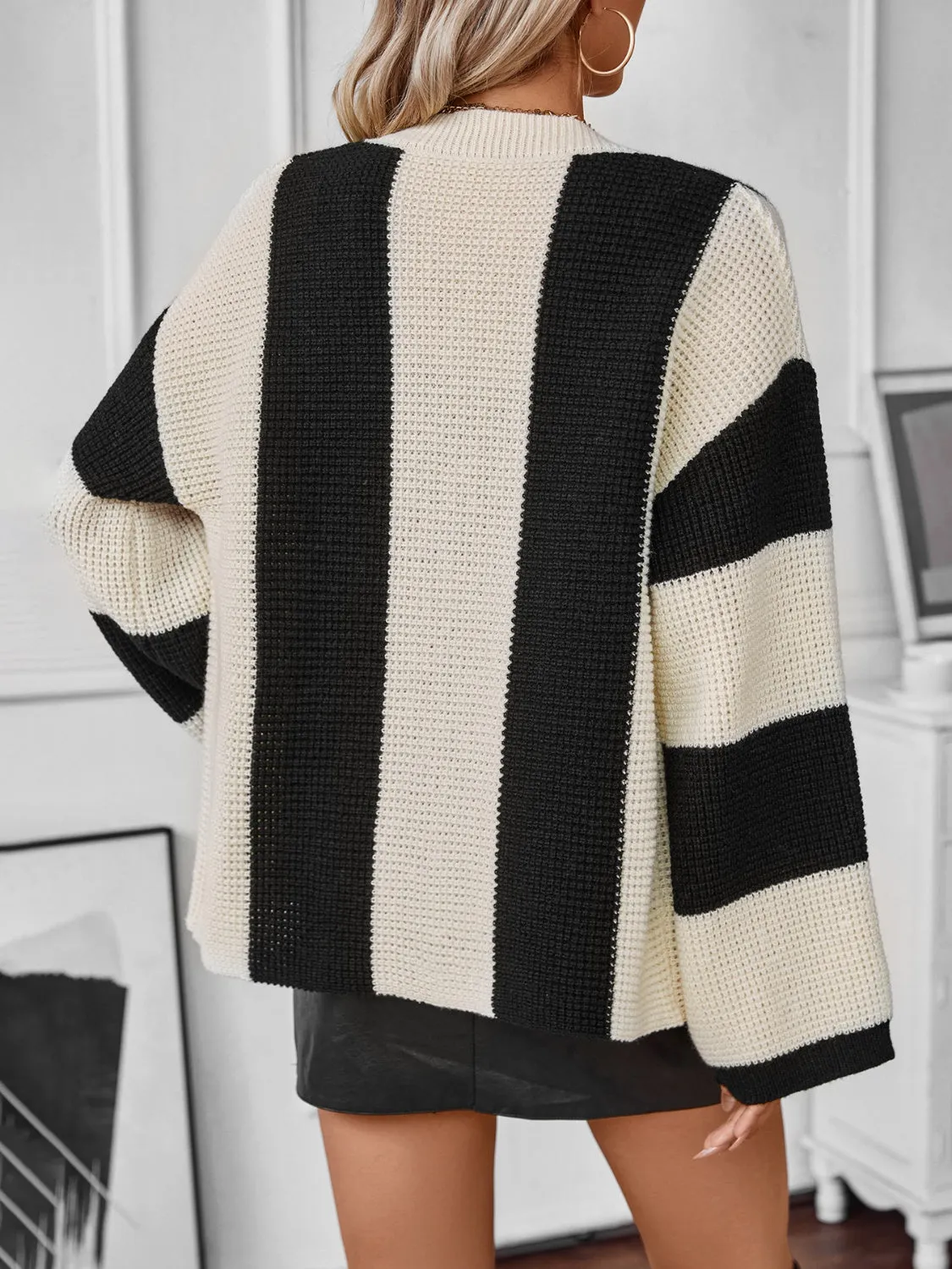Waffle-Knit V-Neck Striped Long Sleeve Black and White Sweater Cardigan