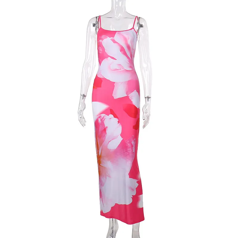 Women Printing Slip Dress Autumn Sexy Waist Tight Hip Dress